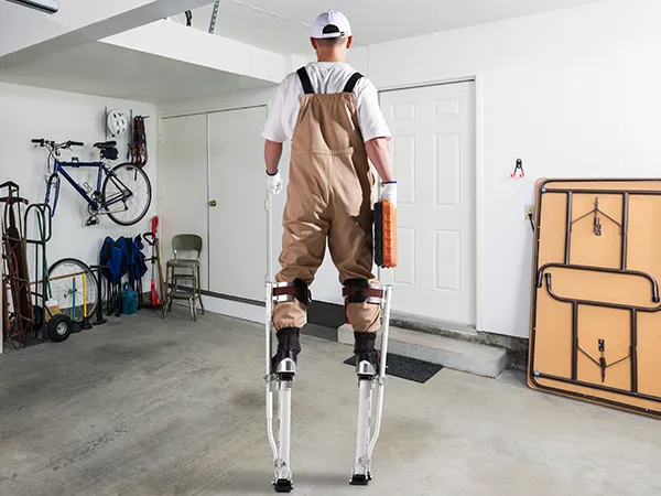 worker using VEVOR drywall stilts for ceiling maintenance in garage and office space.