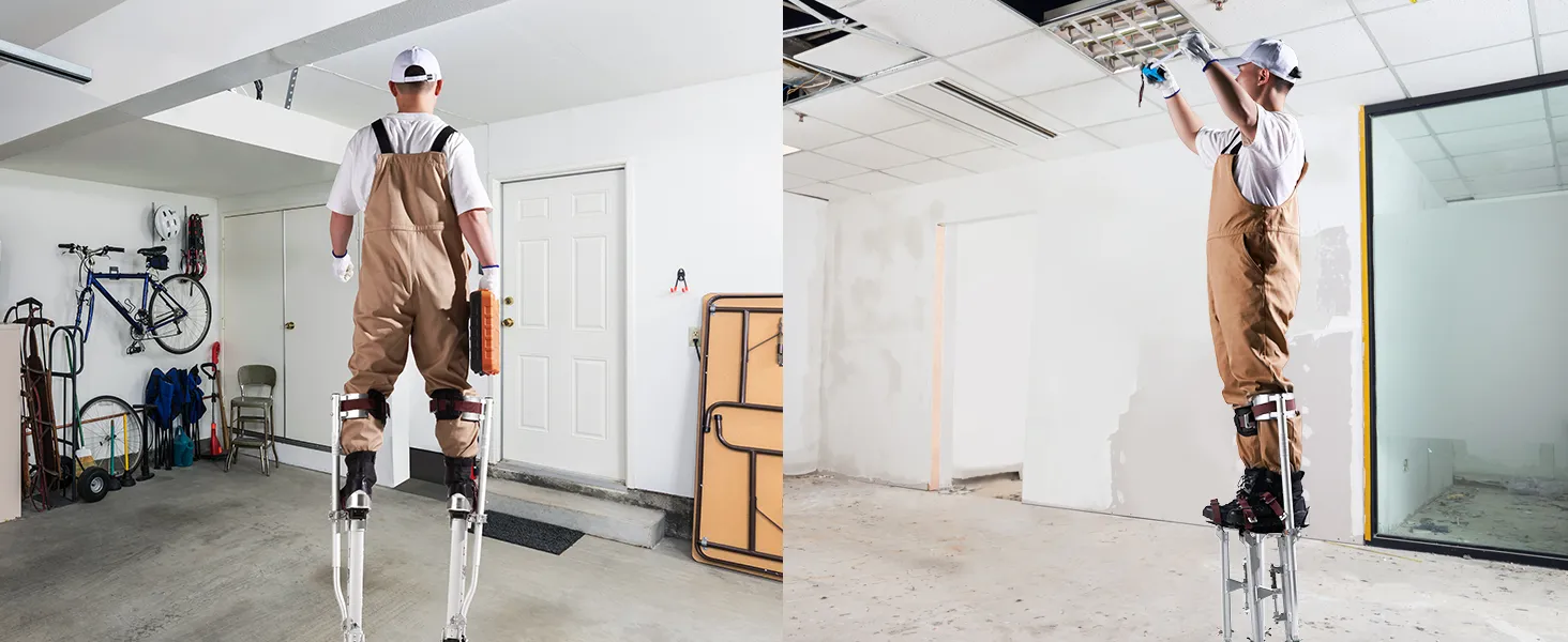 worker using VEVOR drywall stilts for ceiling maintenance in garage and office space.