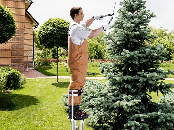 gardener on VEVOR drywall stilts trims tree branches in a lush green backyard.
