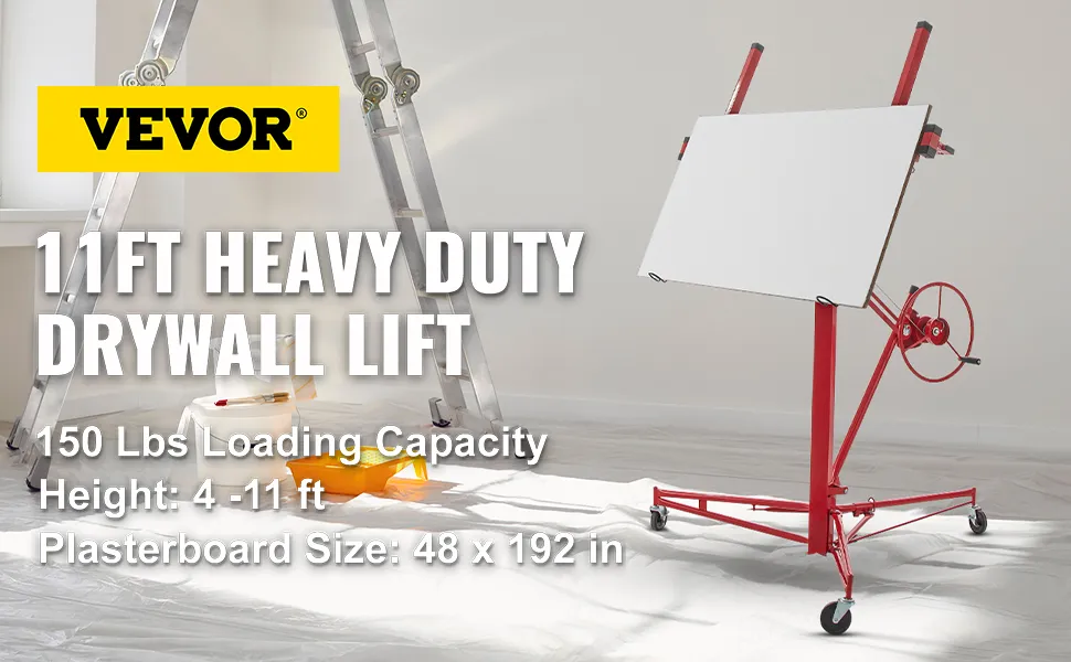 VEVOR drywall lift with 150 lbs loading capacity, height 4-11 ft, plasterboard size 48 x 192 in.
