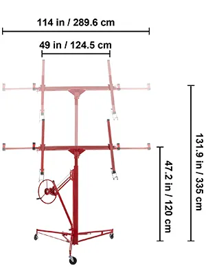 VEVOR drywall lift with red frame, adjustable height, and dimensions labeled, featuring wheels and a crank.