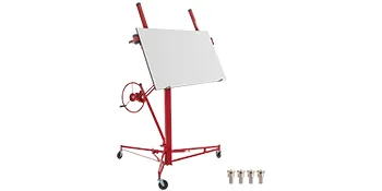 VEVOR drywall lift in red, holding a drywall sheet, accompanied by four caster wheels.