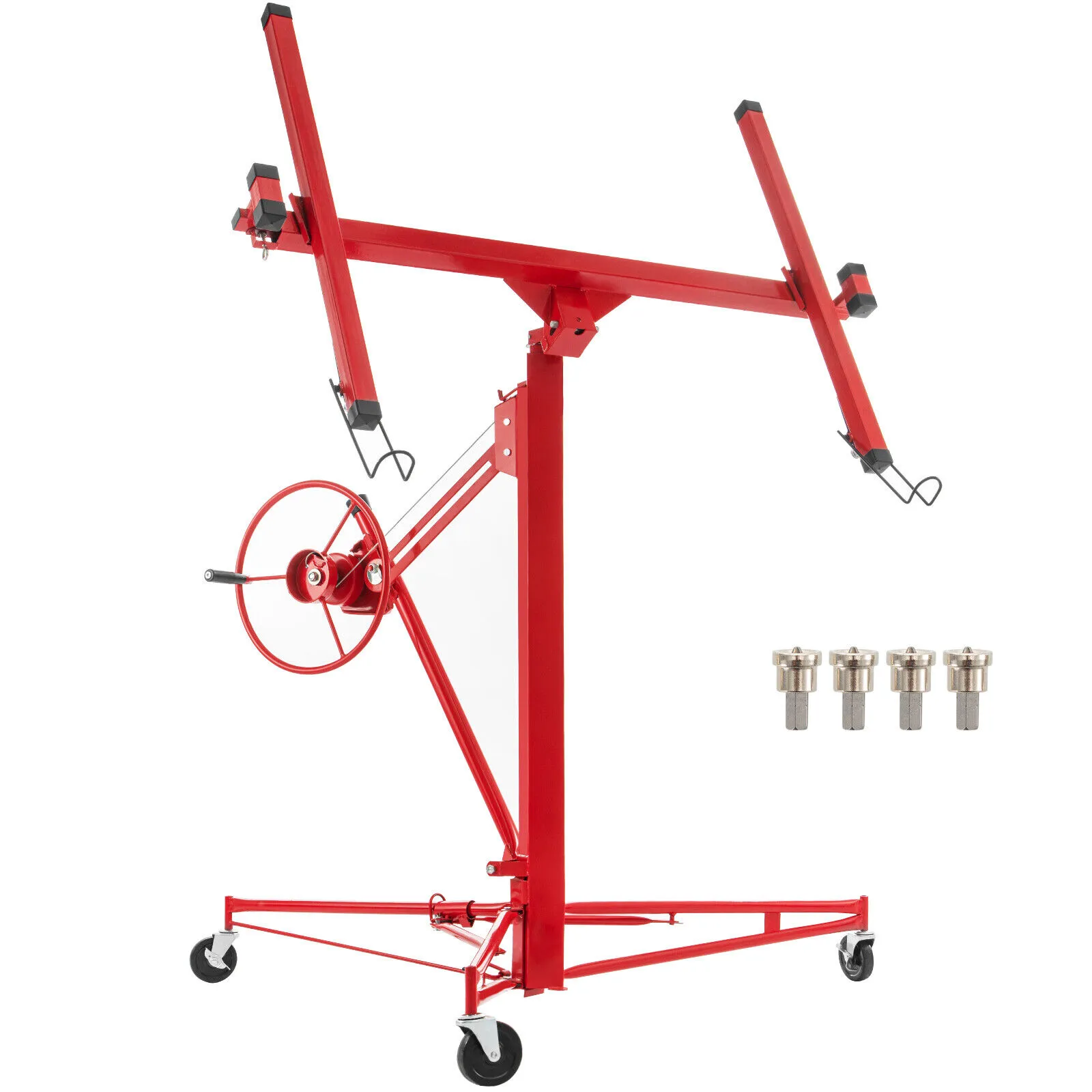 red VEVOR drywall lift with adjustable arms and 360-degree swiveling wheels, includes four attachments.