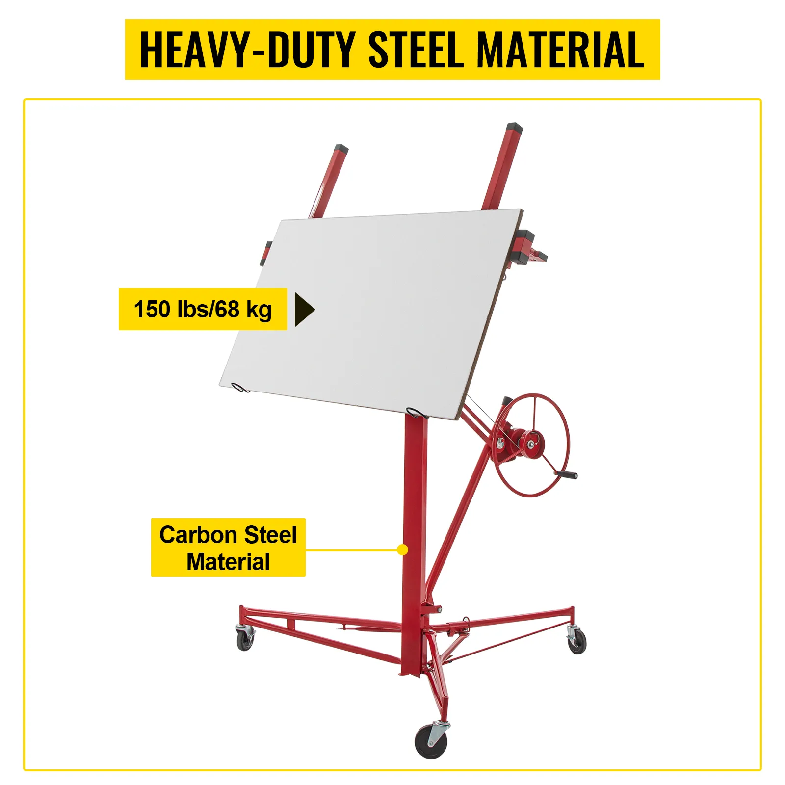 VEVOR drywall lift, heavy-duty carbon steel, supports up to 150 lbs/68 kg.