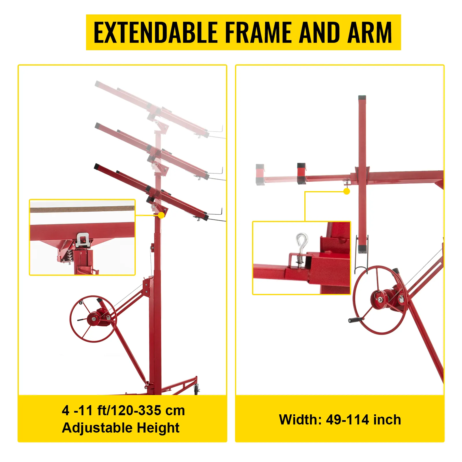 VEVOR drywall lift with adjustable height 4-11 ft and extendable width 49-114 inches.