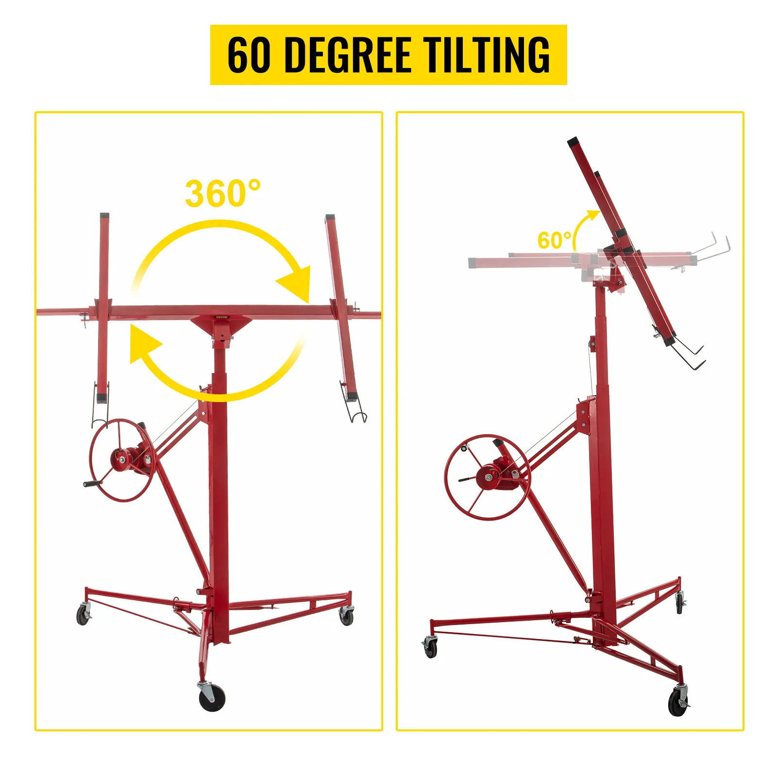 VEVOR drywall lift with 360-degree rotation and 60-degree tilting for easy ceiling installations.