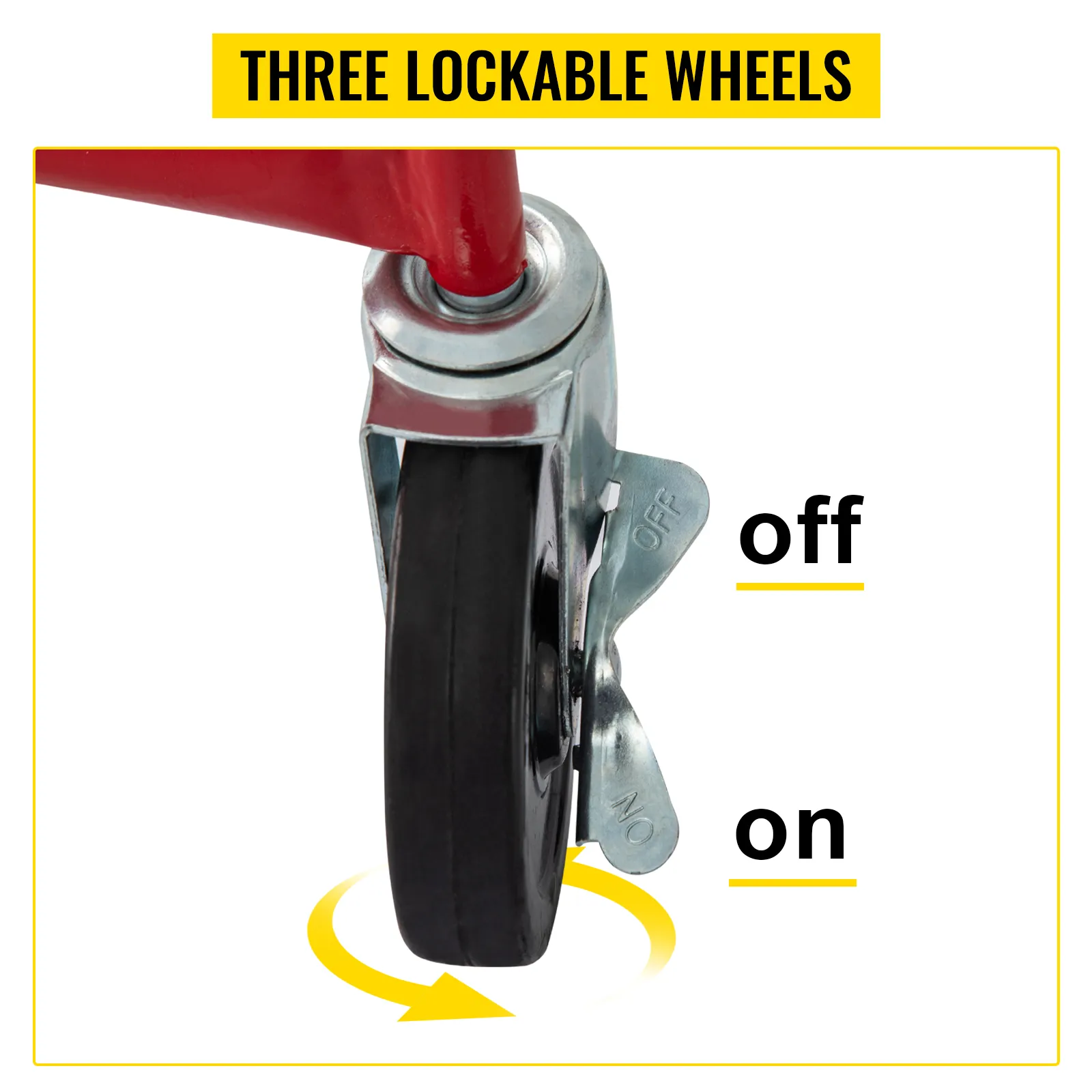 VEVOR drywall lift wheel showing lock mechanism with red lever and on/off positions. three lockable wheels.