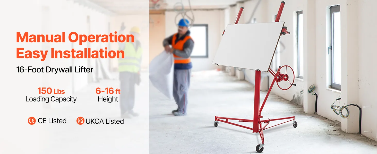 VEVOR Trockenbaulift 16 Fuß, Schwerlast mit 150 lbs Tragfähigkeit, Höhe 6-16 Fuß, Gipskartongröße 48 x 192 Zoll.