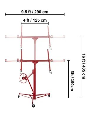 Roter VEVOR-Trockenbaulift mit einstellbaren Höhen: 16 Fuß, 6 Fuß, 9,5 Fuß Breite, 4 Fuß Stützarme.
