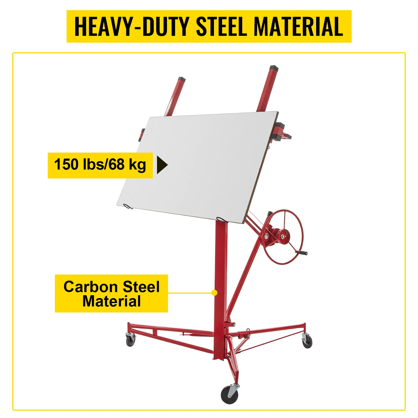 VEVOR-Trockenbaulift für 150 Pfund schwere Platten, aus hochbelastbarem Karbonstahl, mit gelben Etiketten.