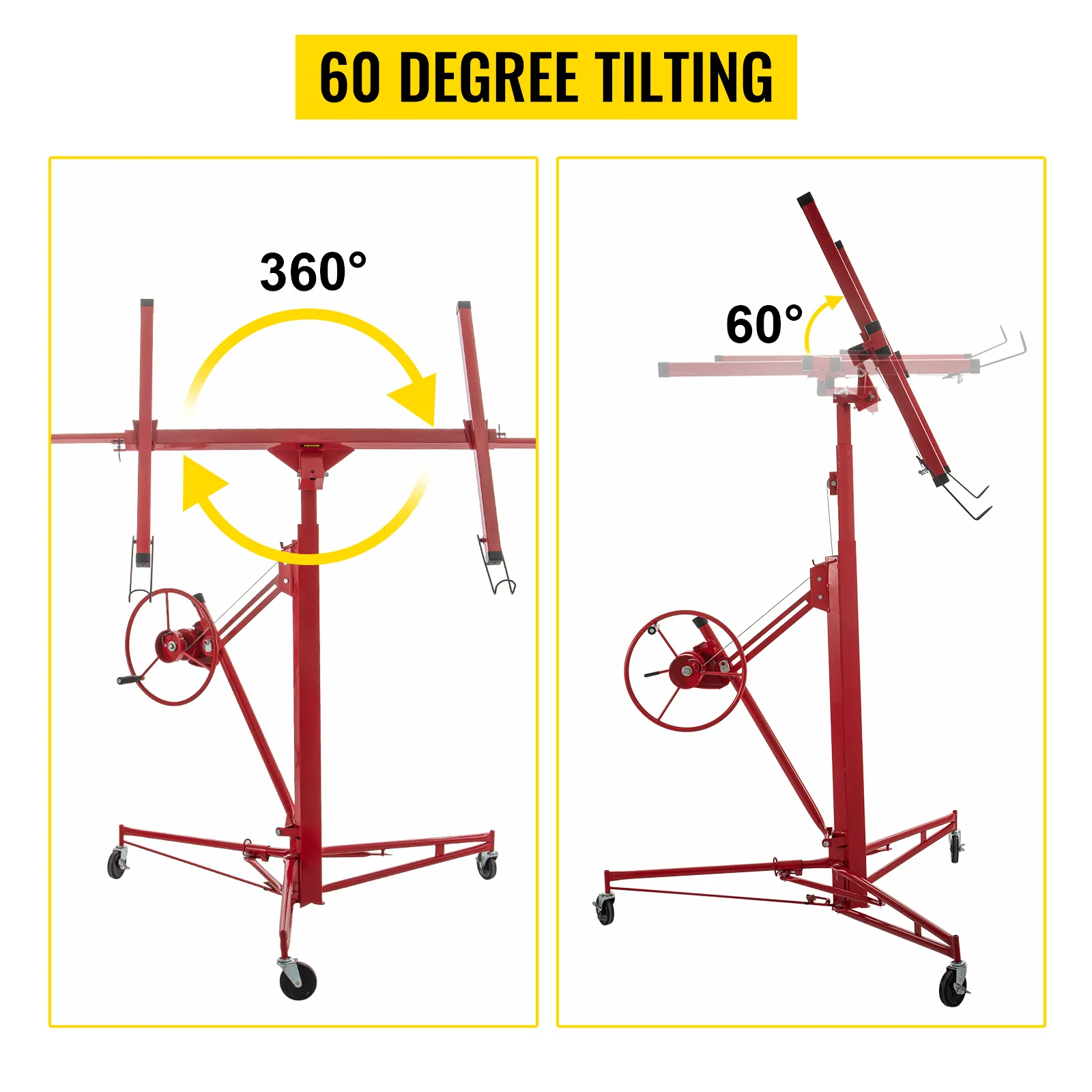 VEVOR-Trockenbaulift mit 360-Grad-Horizontaldrehung und 60-Grad-Kippmechanismus.