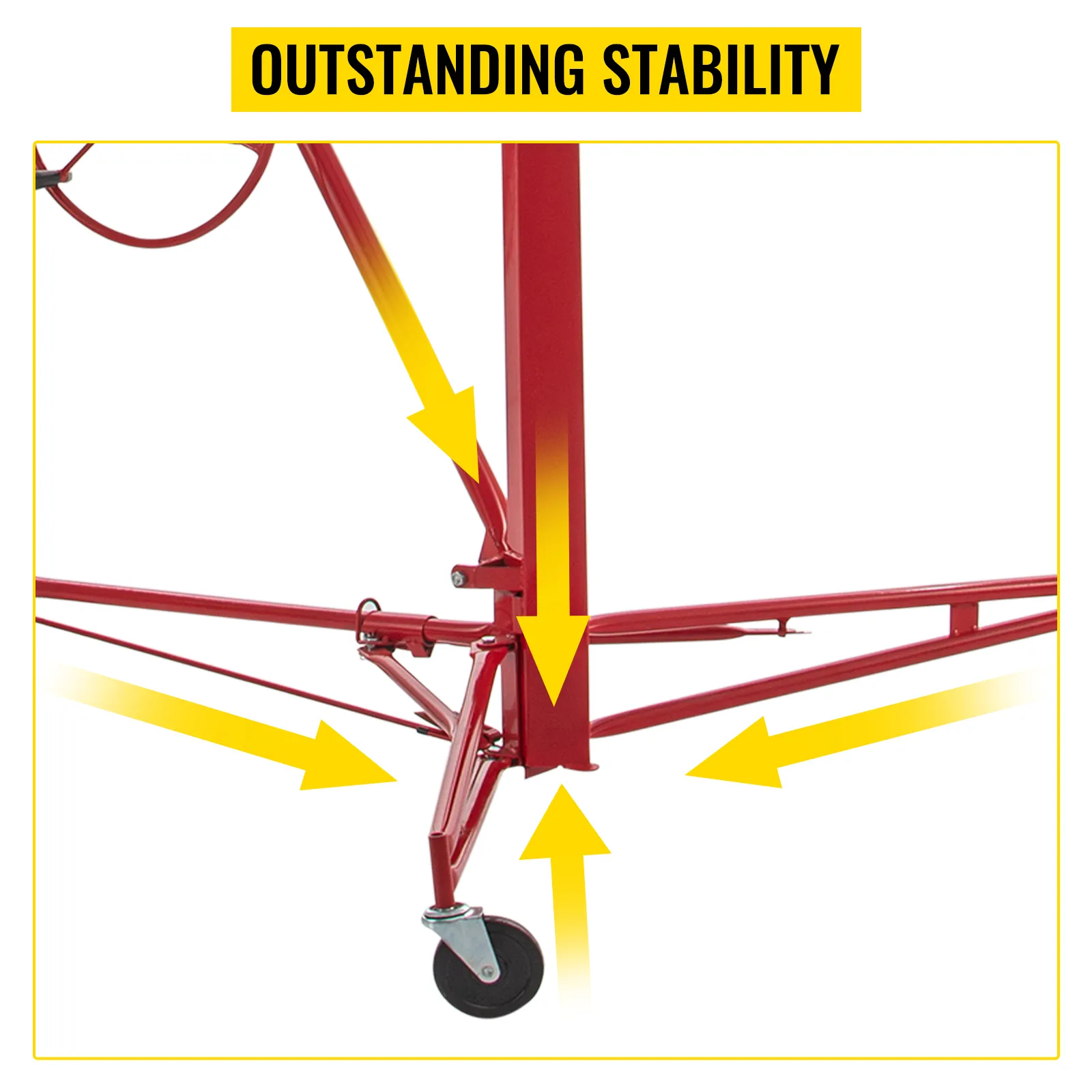 VEVOR-Trockenbaulift mit Stabilitätsmerkmalen durch einen robusten roten Rahmen und Lenkrollen.