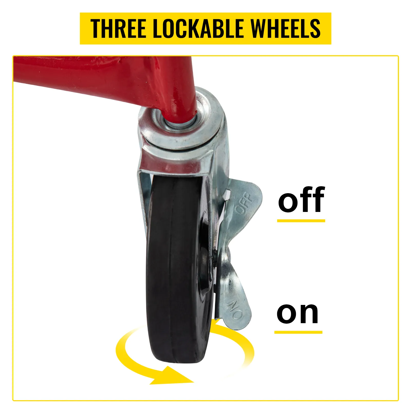 drei feststellbare Räder mit An-/Aus-Etiketten am VEVOR-Trockenbaulift.
