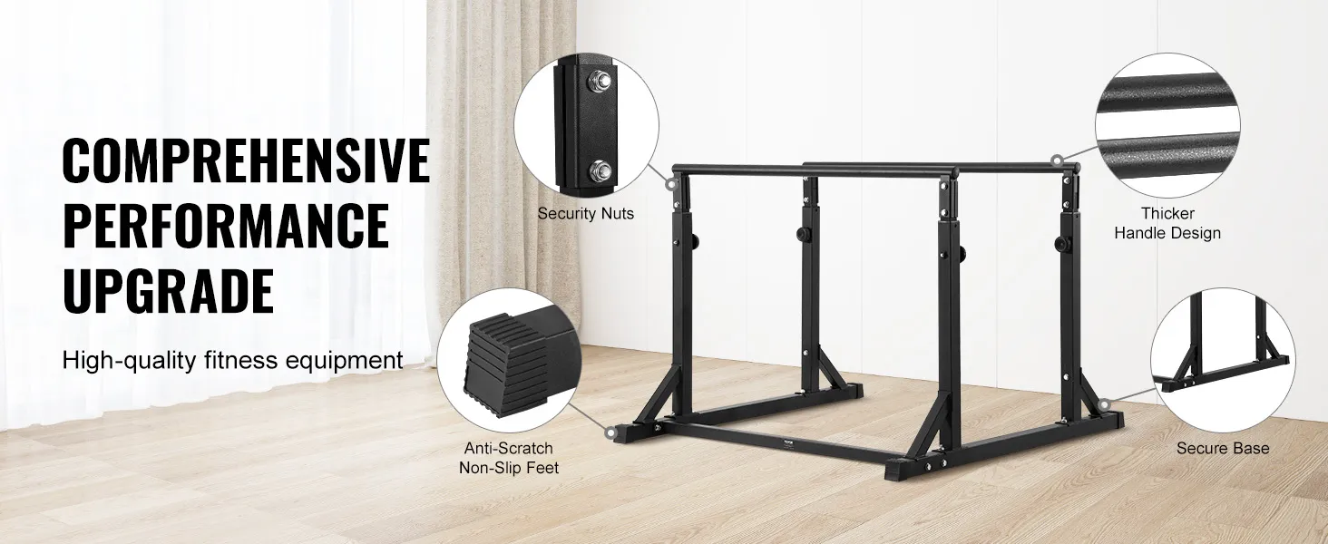 VEVOR dip bar met veiligheidsmoeren, dikkere handgrepen, anti-kras en antislip voetjes en een veilige basis voor prestaties.