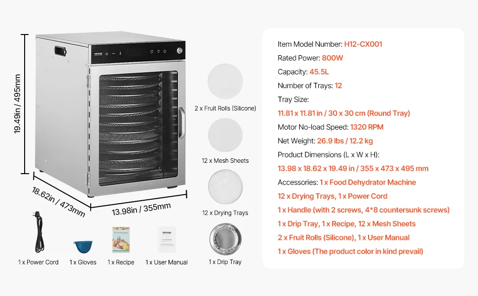 12 Trays Rotary Food Dehydrator Machine Stainless Steel 800W Jerky Fruit Drying
