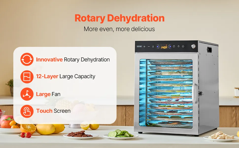 12 Trays Rotary Food Dehydrator Machine Stainless Steel 800W Jerky Fruit Drying