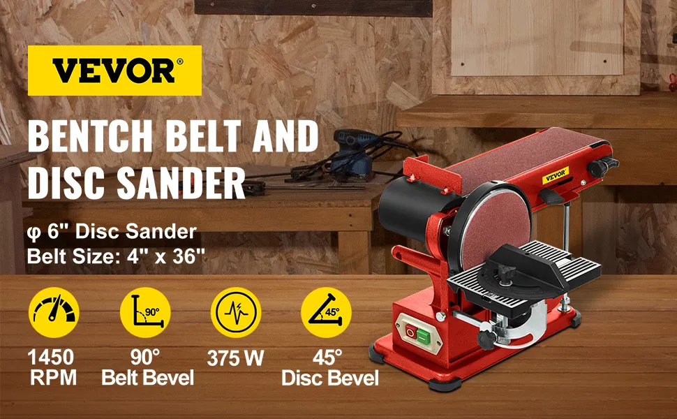 Lijadora de disco de banda VEVOR, disco de 6", banda de 4" x 36", 375 W, 1450 rpm, bisel de banda de 90°, bisel de disco de 45°.
