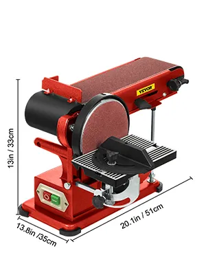Lijadora de banda y disco roja VEVOR con dimensiones etiquetadas, que incluye una plataforma de lijado de banda y disco.
