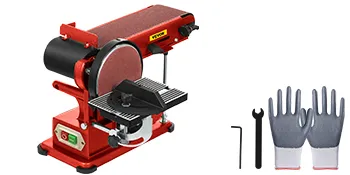 Lijadora de banda de disco VEVOR con accesorios, color rojo y negro, guantes de seguridad incluidos.