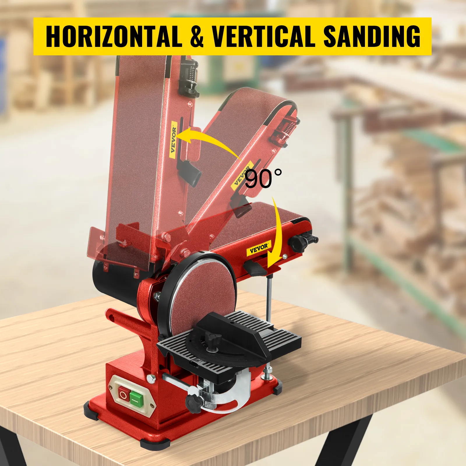 Lijadora de disco de banda VEVOR con función de lijado horizontal y vertical sobre mesa.