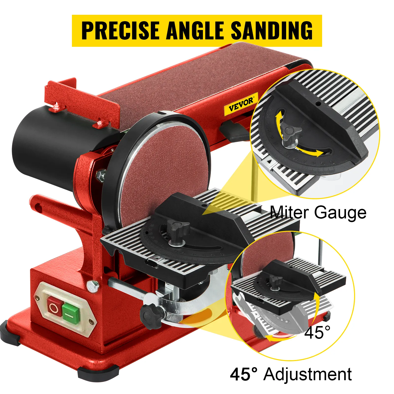 Lijadora de disco de banda VEVOR con calibre de inglete ajustable a 45° para lijar ángulos precisos.