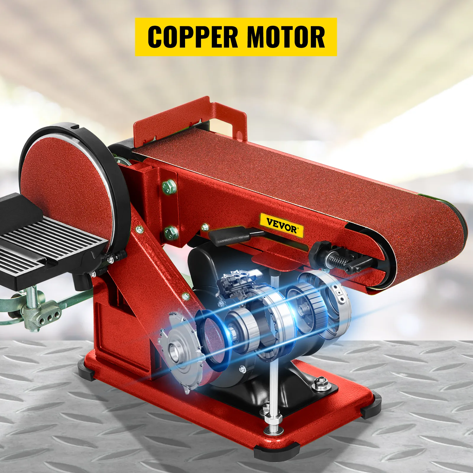 Lijadora de disco de banda VEVOR con motor de cobre sobre superficie metálica.