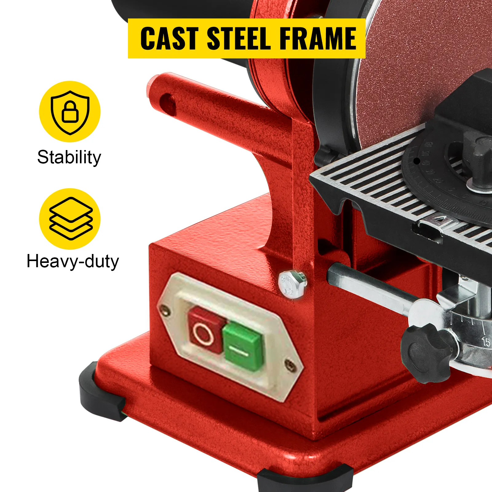 Lijadora de disco de banda VEVOR con marco de acero fundido para estabilidad y uso intensivo.