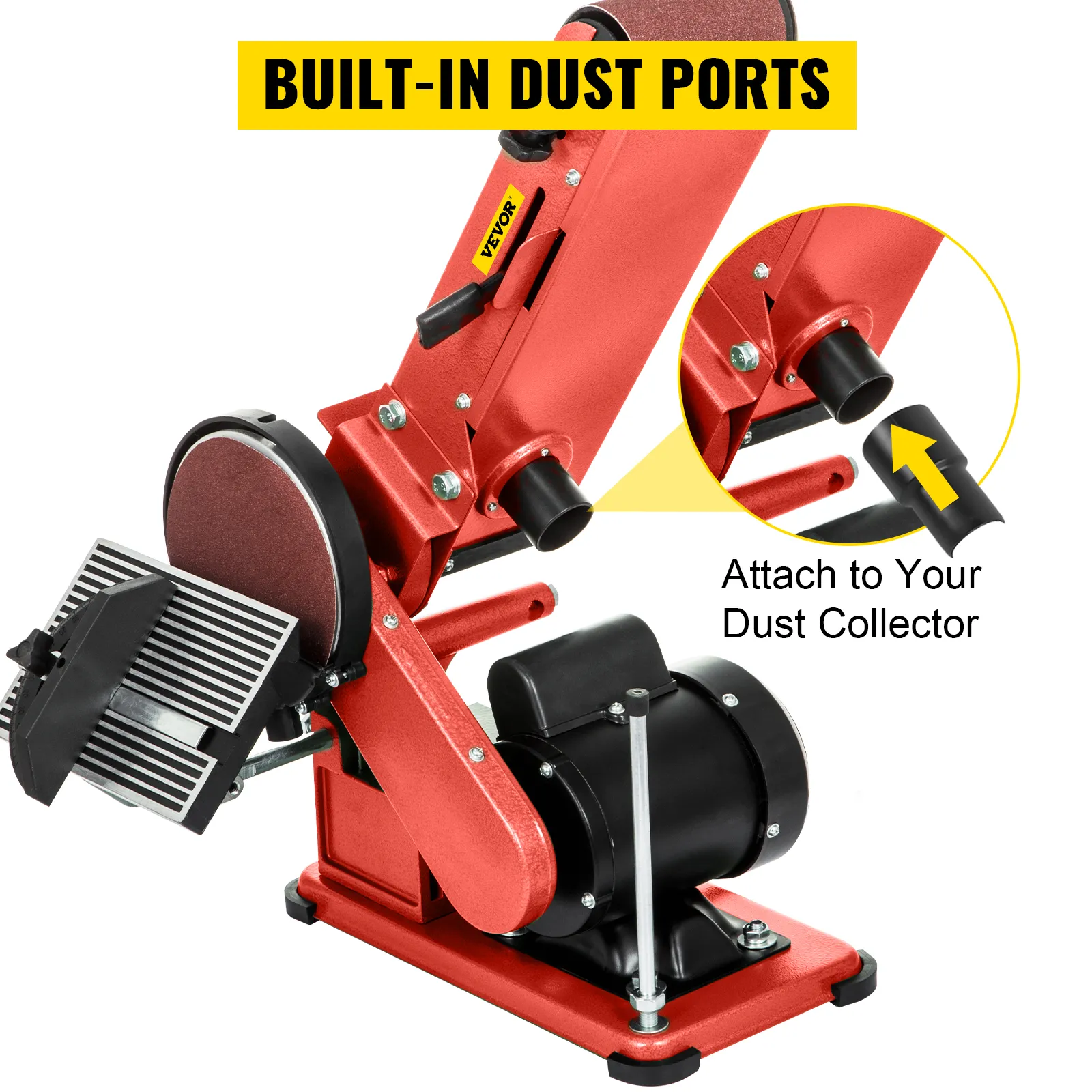 Lijadora de disco de banda VEVOR con puertos de polvo incorporados para una fácil conexión al colector de polvo.