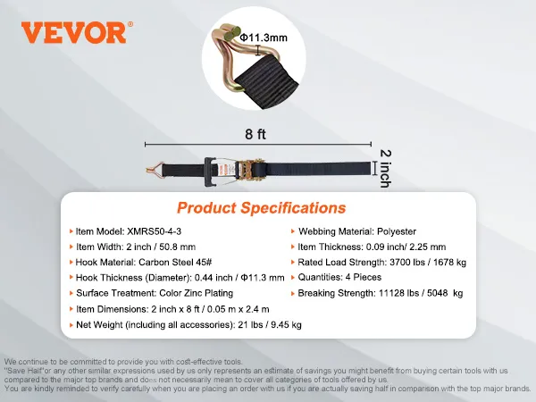 VEVOR ratchet tie down straps, 2-inch width, 8 ft length, 3700 lbs load strength, 4-piece set.
