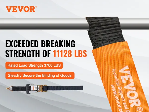 VEVOR ratchet tie down straps with 11128 lbs breaking strength and 3700 lbs rated load strength.