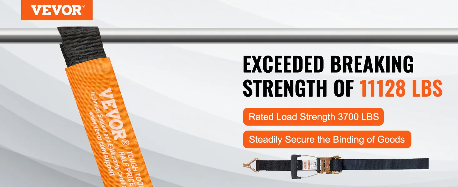 VEVOR ratchet tie down straps with 11128 lbs breaking strength and 3700 lbs rated load strength.