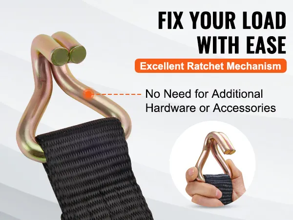 VEVOR ratchet tie down straps with a black strap and a metal hook, promoting ease of use and secure load fixing.