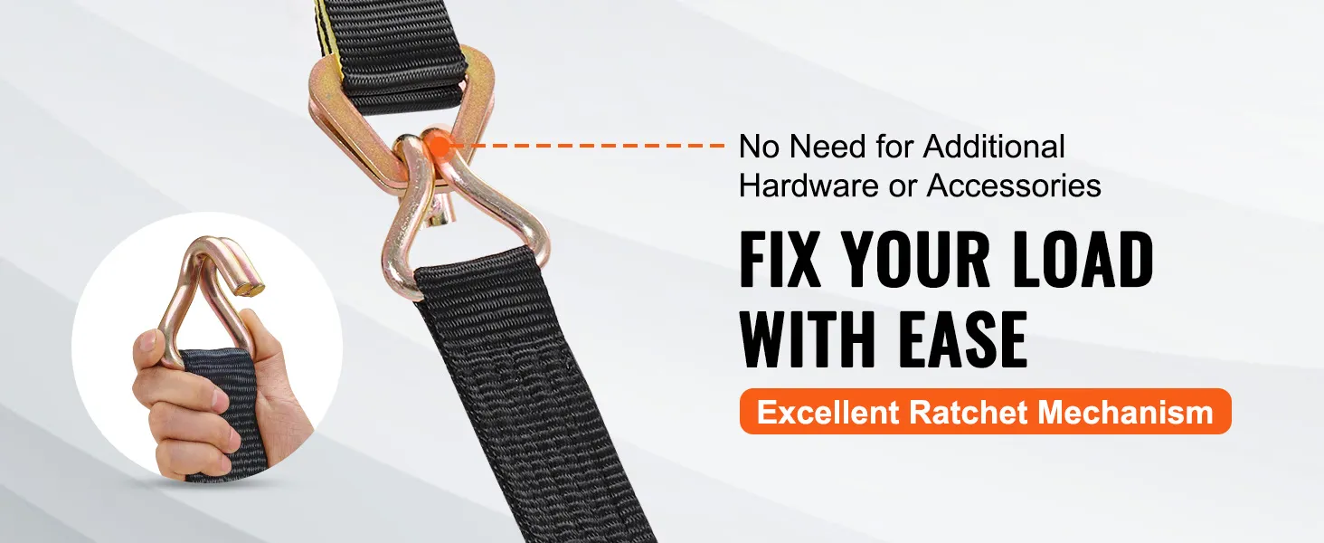 VEVOR ratchet tie down straps with a black strap and a metal hook, promoting ease of use and secure load fixing.