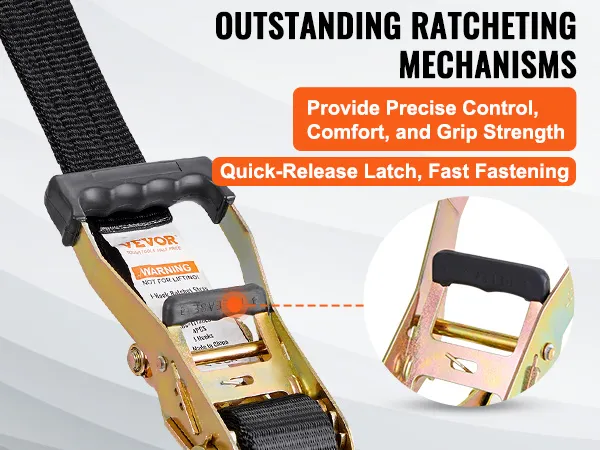 VEVOR ratchet tie down straps with quick-release latch for precise control and grip strength.