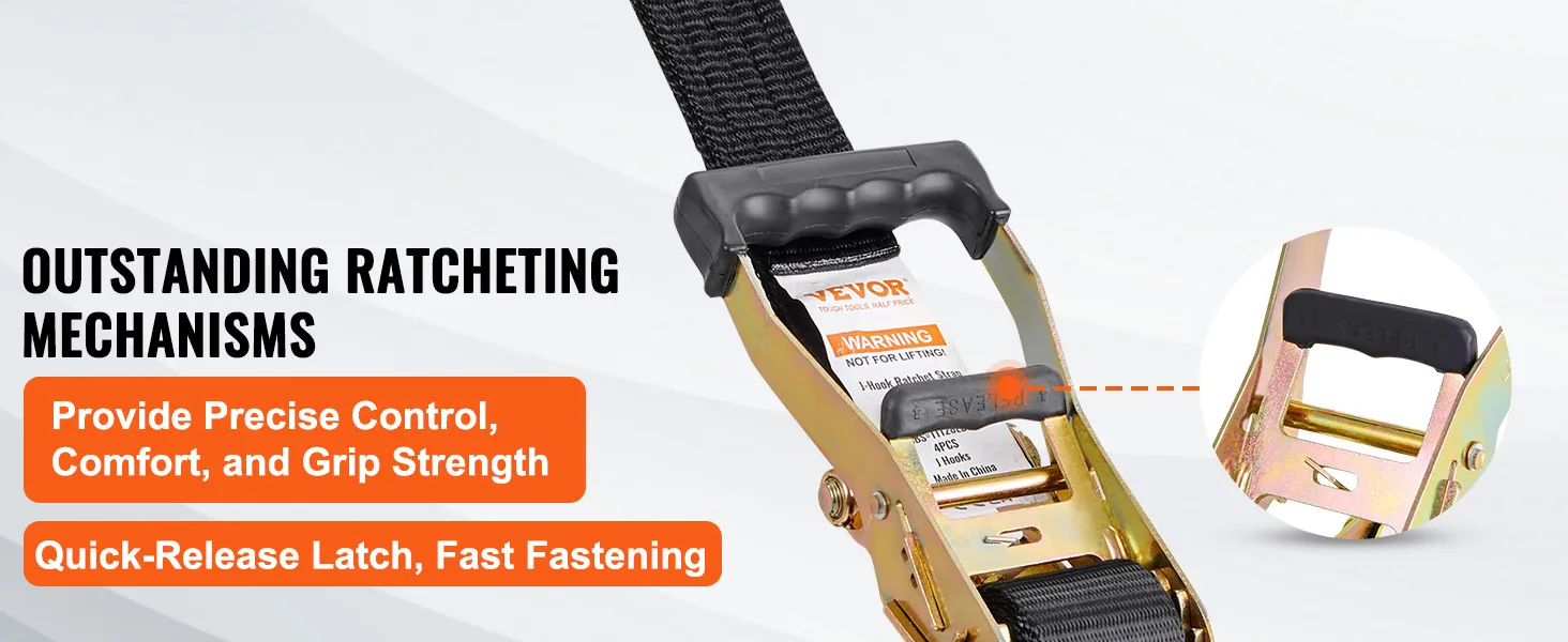 VEVOR ratchet tie down straps with quick-release latch for precise control and grip strength.