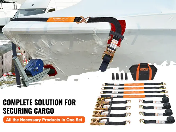 VEVOR ratchet tie down straps set securing boat with straps, hooks, and carrying bag for cargo.