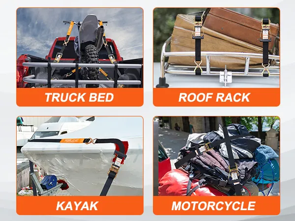 VEVOR ratchet tie down straps securing cargo in truck bed, roof rack, kayak, and motorcycle scenarios.