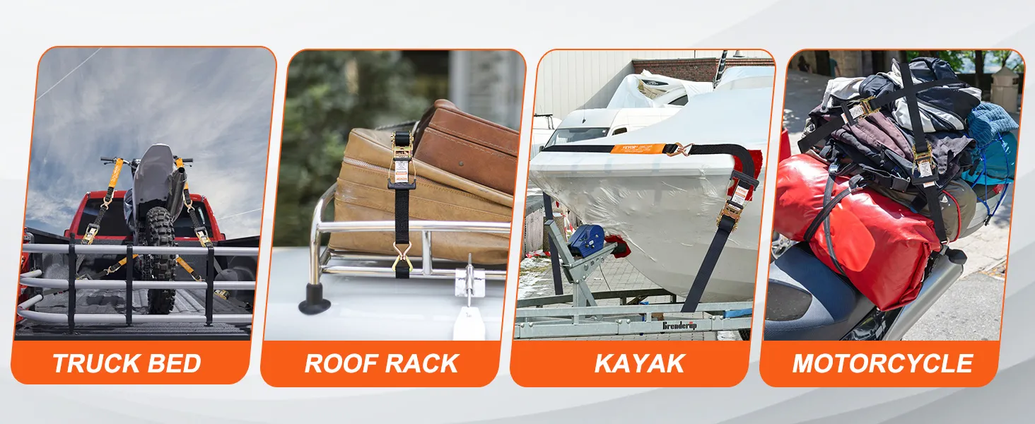 VEVOR ratchet tie down straps securing cargo in truck bed, roof rack, kayak, and motorcycle scenarios.