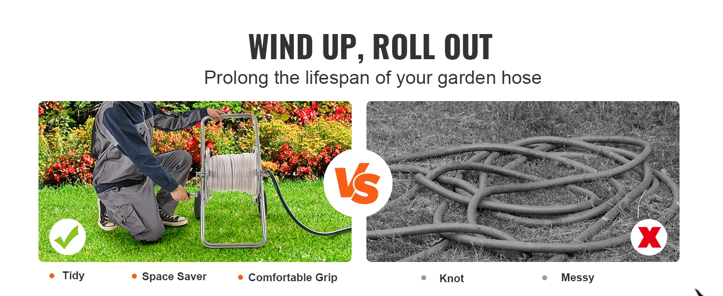 man using VEVOR hose reel cart to keep garden hose tidy vs tangled messy hose on the ground.