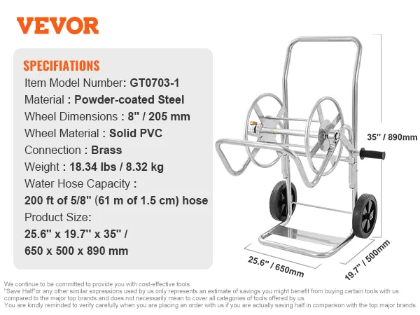 VEVOR hose reel cart with powder-coated steel, solid pvc wheels, brass connection, and 200 ft hose capacity.