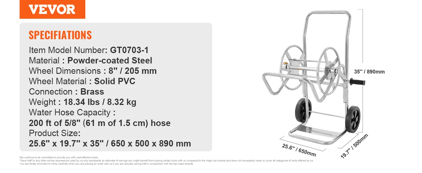 VEVOR hose reel cart with powder-coated steel, solid pvc wheels, brass connection, and 200 ft hose capacity.