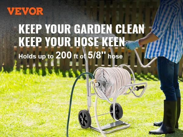 VEVOR hose reel cart in garden holding up to 200 ft of 5/8" hose, man watering plants.