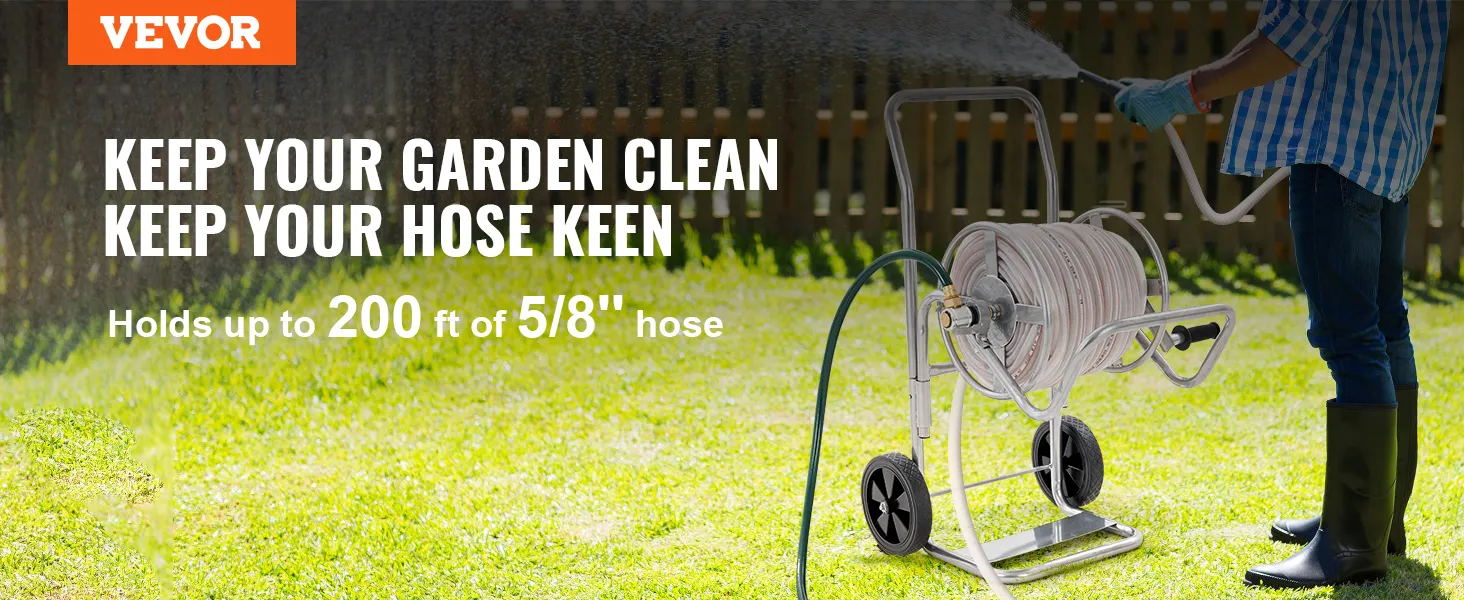VEVOR hose reel cart in garden holding up to 200 ft of 5/8" hose, man watering plants.