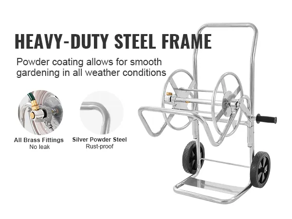 heavy-duty steel frame VEVOR hose reel cart with rust-proof silver powder coating and brass fittings.