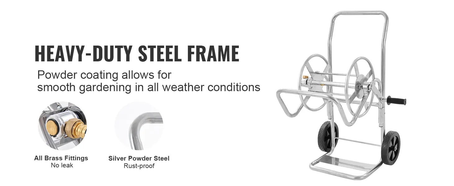 heavy-duty steel frame VEVOR hose reel cart with rust-proof silver powder coating and brass fittings.
