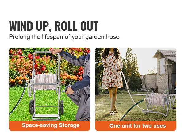 VEVOR hose reel cart for hand-held and maneuver, featuring space-saving storage and dual use.