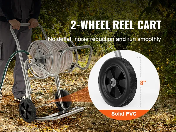 man using VEVOR hose reel cart in a garden with trees, highlighting 8" solid pvc wheels.