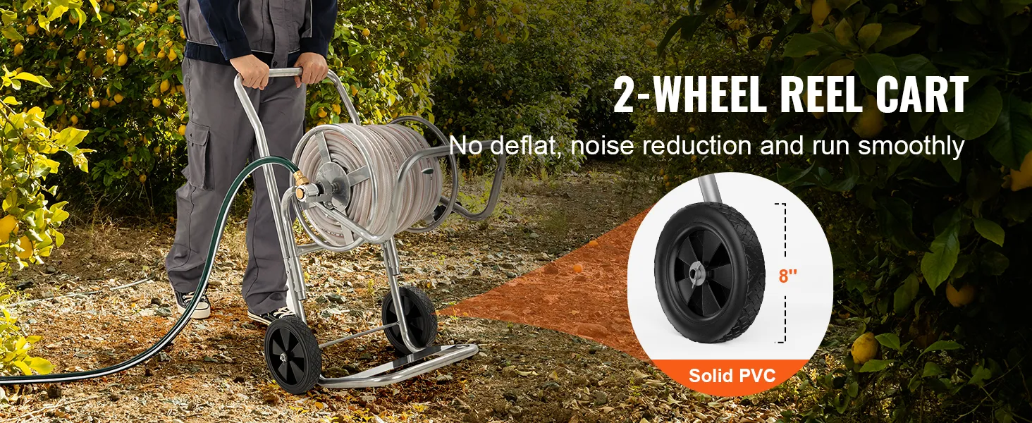man using VEVOR hose reel cart in a garden with trees, highlighting 8" solid pvc wheels.