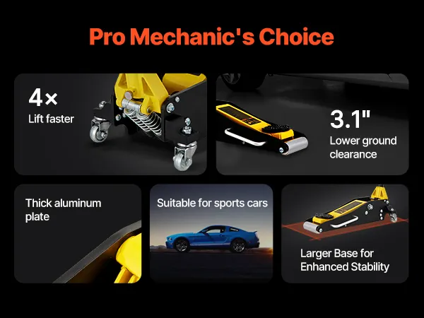 VEVOR racing floor jack lifting a car, highlighting its 1.5-ton capacity and low-profile design.