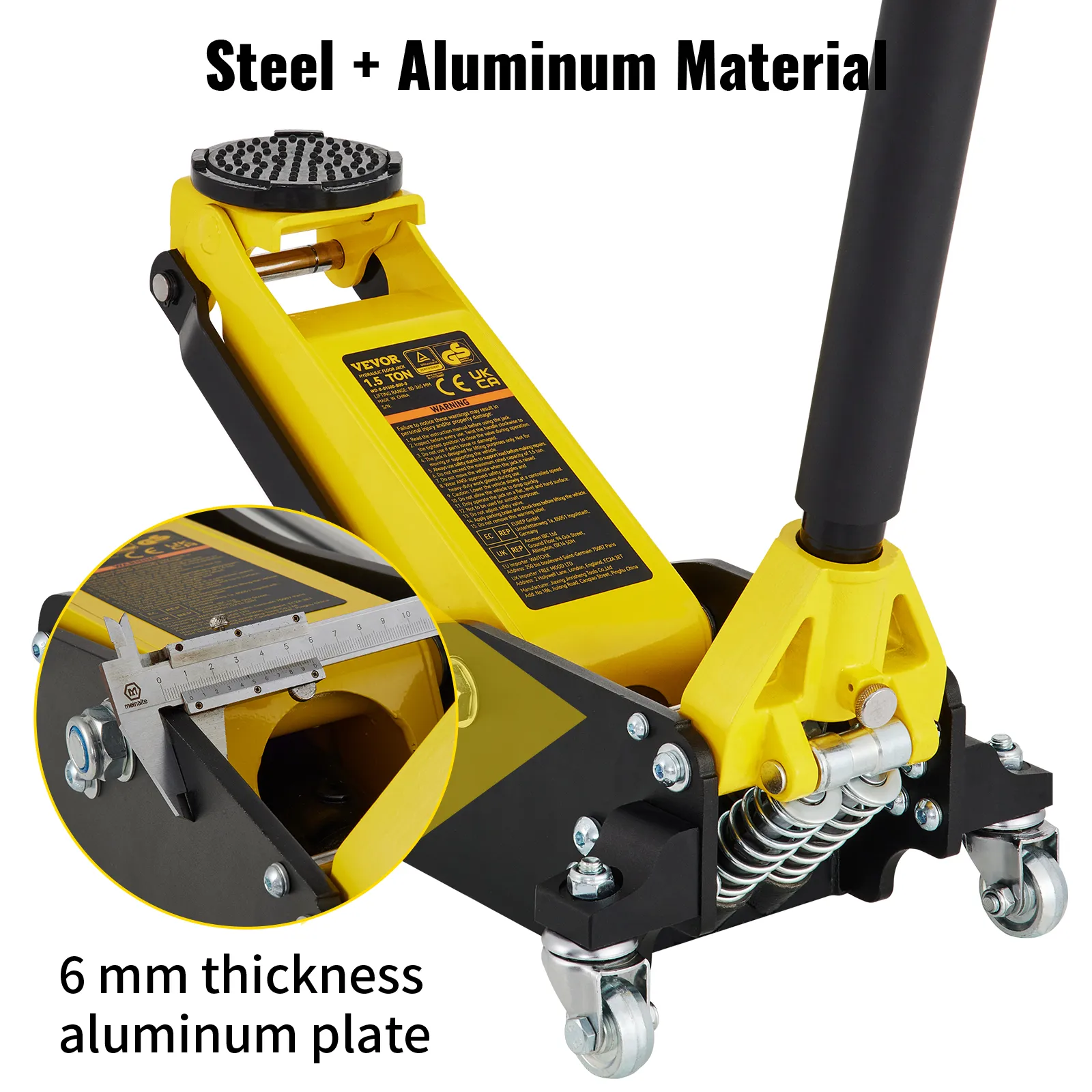 gelber VEVOR-Rennwagenheber aus Stahl und Aluminium mit 1,5 Tonnen Tragkraft und Bremssattel.